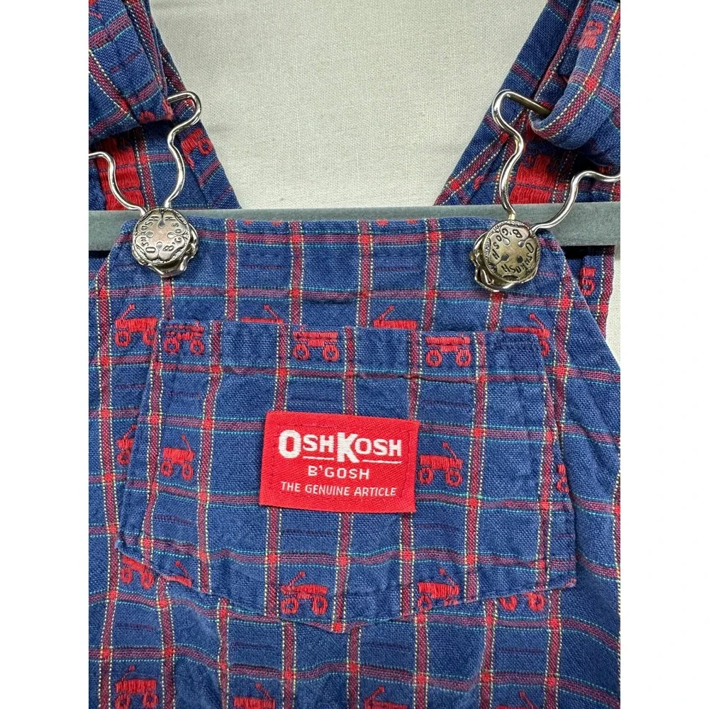 Vintage OshKosh Bgosh Kids 3T‎ Blue Plaid Red Tractor Vestbak Overalls Made USA